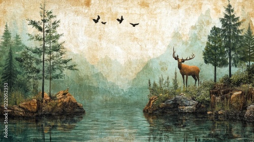 A serene and vintage illustration of a deer in a mountainous landscape with a lake, showcasing nature's beauty and wildlife in a classic style