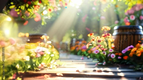 Colorful garden pathway surrounded by blooming flowers and sunlight filtering through trees