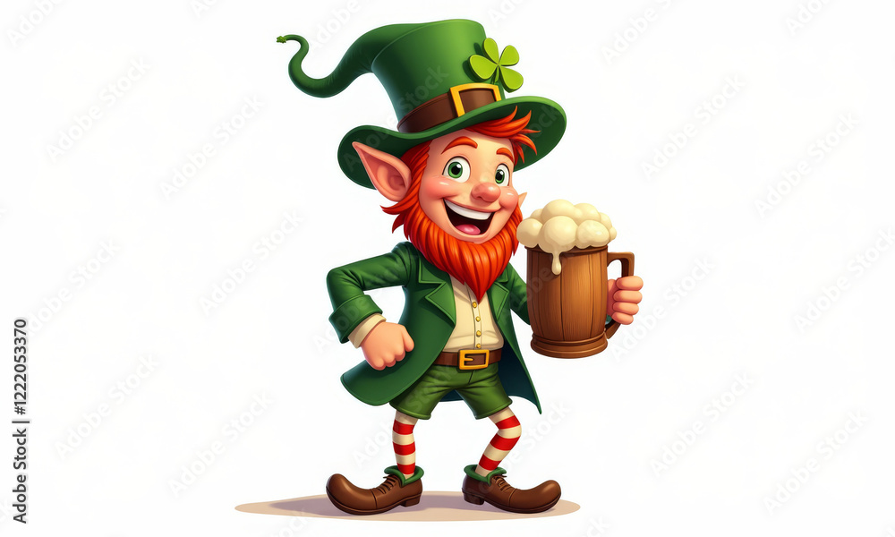 Fototapeta premium The smiling leprechaun holds a large wooden beer mug and wears a green outfit with red and white striped stockings and an Irish-style hat.