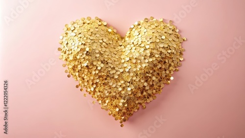 Golden confetti heart shaped pile on pink background
