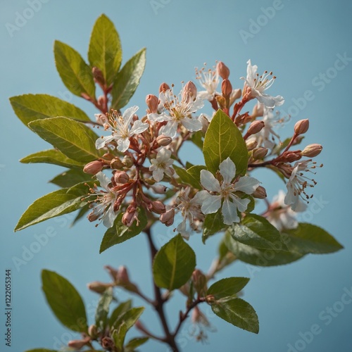 A macro shot of an Abelia flower with a soft-focus effect on a light sky-blue background. photo