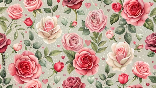 Romantic Rose Blossom Pattern A Delicate Floral Design Featuring Soft Hues and Hearts