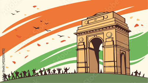 Indian Independence Day celebration, patriotic silhouettes, waving flag, national monuments
