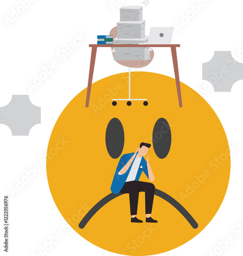 Unhappy employee, dissatisfied work, busy overworked or worried with anxiety depressed, miserable or disappointed career, anxious or burnout concept, unhappy office businessman working on upset face