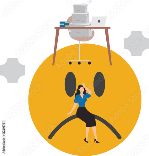 Unhappy employee, dissatisfied work, busy overworked or worried with anxiety depressed, miserable or disappointed career, anxious or burnout concept, unhappy office businesswoman working on upset face