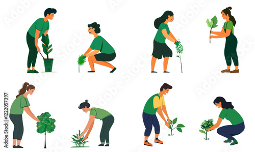 Set of vector Illustration of group of people planting a small tree in nature for the environment, plant a tree Arbor day