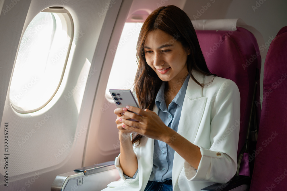 an asian woman is traveling abroad for vacation by plane, female traveler using her electronic device in an airplane to entertain herself, young woman flying abroad, journey, passenger, flight an asian woman is traveling abroad for vacation by plane, female traveler using her electronic device in an airplane to entertain herself, young woman flying abroad, journey, passenger, flight