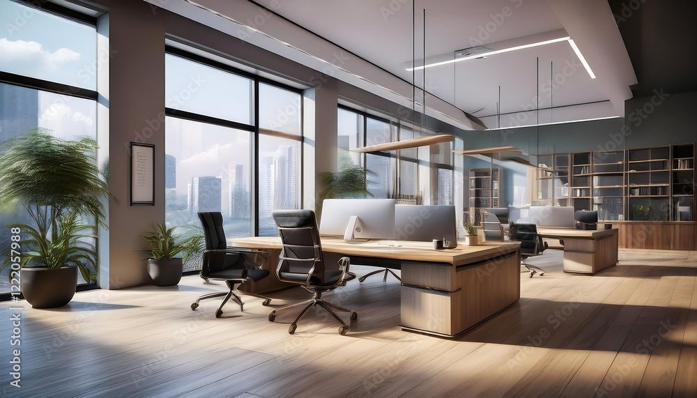 Modern executive office interior with minimal design, large windows, wooden flooring, modern and elegant workspace setup