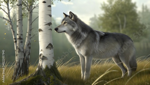 Grey Wolf (Canis lupus) Next to Birch Tree photo