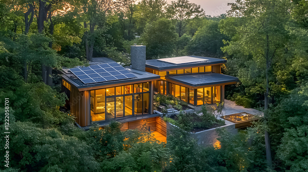 A modern solar-powered house surrounded by forest trees, designed for an eco-friendly and sustainable lifestyle. A modern solar-powered house surrounded by forest trees, designed for an eco-friendly and sustainable lifestyle.