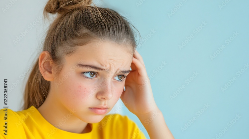Teen girl, worried, indoor, neutral background, healthcare Teen girl, worried, indoor, neutral background, healthcare