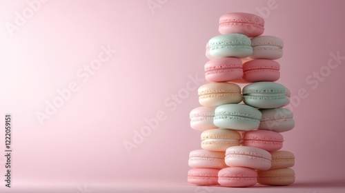 A variety of macarons in pink, blue, and cream colors are artfully arranged in a tall stack against a soft pastel background, showcasing their delicate texture and appeal to dessert lovers