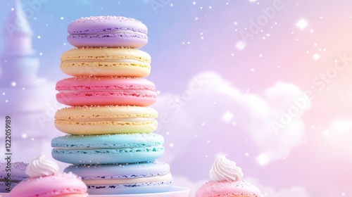 A vibrant tower of macarons in pastel shades rests atop a decorative plate, accompanied by delicate cupcakes with swirls of icing, set against a soft, enchanting backdrop