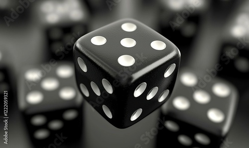 Black dice with five dots facing up, floating amidst other dice, ideal for gambling or game concepts