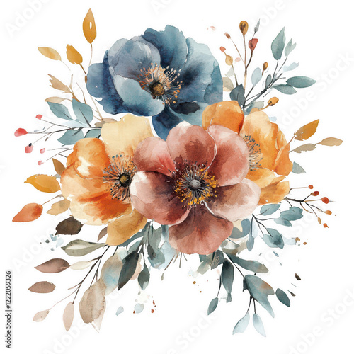 A stunning watercolor illustration showcasing a blend of flowers and leaves in soft pastel tones. The colors range from deep blue to warm peach, creating a vibrant composition