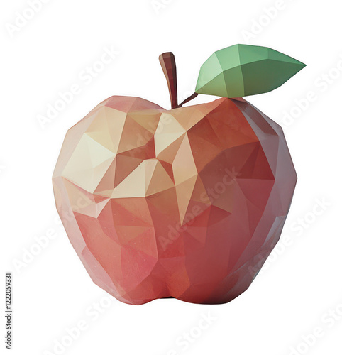 A vibrant, geometric apple made of colorful triangular shapes rests on a plain white background. The design highlights modern artistry and digital creativity, featuring a green leaf at the top