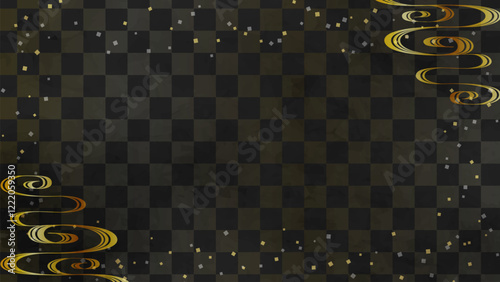Japanese background: Black checkered pattern with flowing water pattern