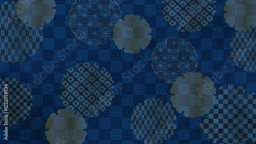 Japanese background: Navy blue checkered pattern with snowflake pattern