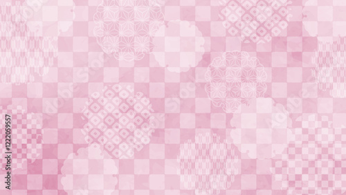 Japanese background: pink checkered pattern with snowflake pattern