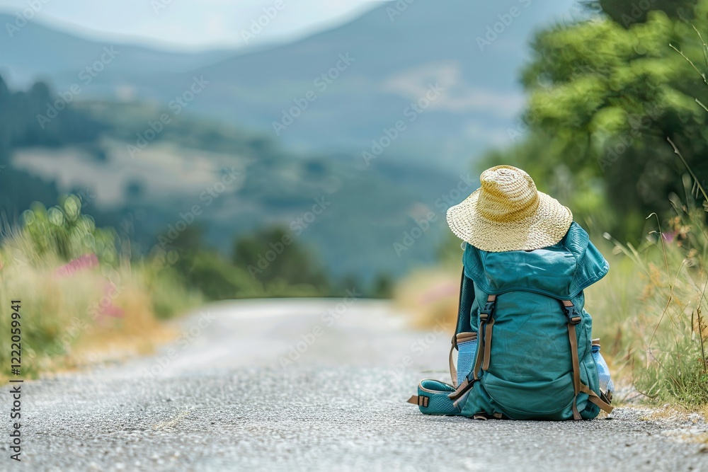 Flawless Picture of Backpack and a Straw Hat on a Road Flawless Picture of Backpack and a Straw Hat on a Road