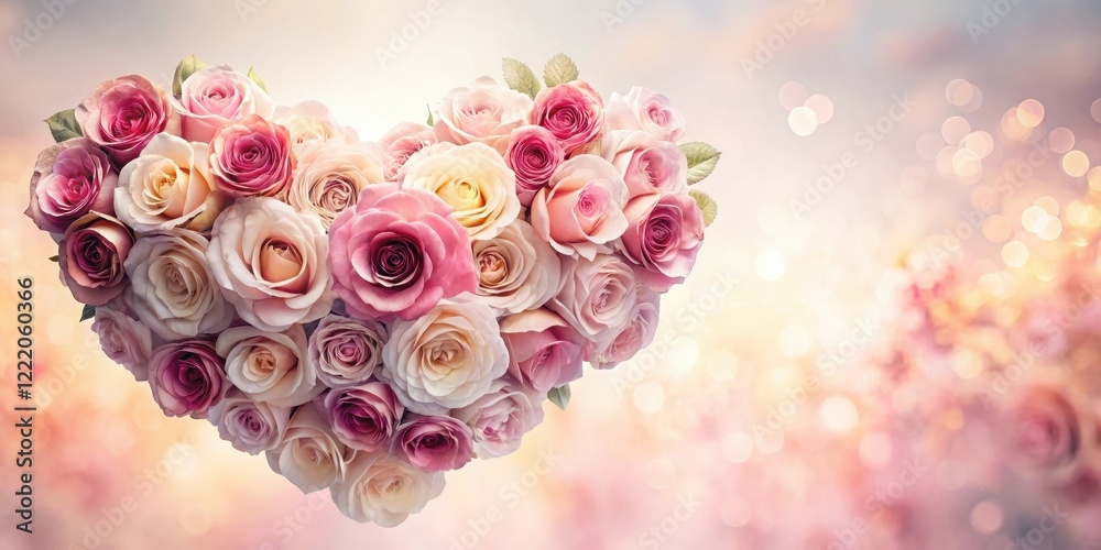 A Heart Shaped Arrangement of Delicate Pastel Roses on a Soft, Romantic Background A Heart Shaped Arrangement of Delicate Pastel Roses on a Soft, Romantic Background