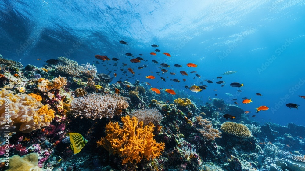 Obraz premium Fish wallpaper showcasing vibrant coral reef patterns and colorful fish schools