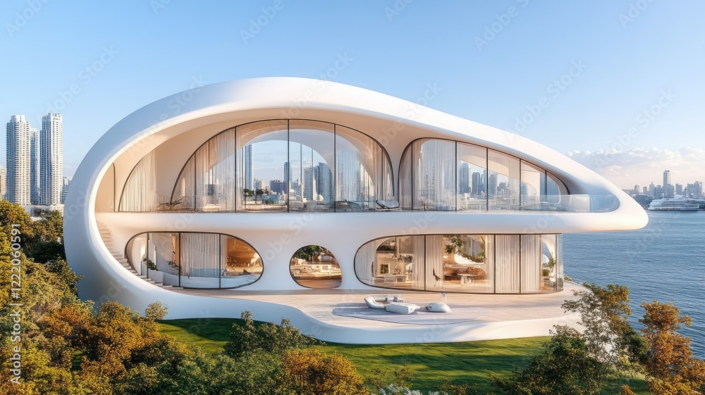 Fototapeta premium Futuristic Seascape Villa: Architectural Marvel by the Bay
