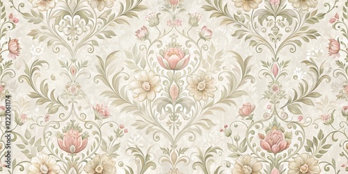 Elegant Floral Damask Pattern with Delicate Pastel Hues and Intricate Scrollwork