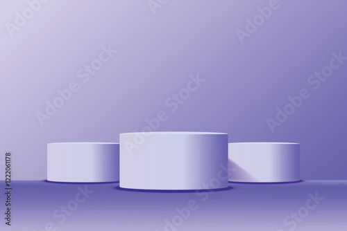 three purple 3D podiums with a cylindrical shape on a light surface, illuminated by soft light. Display, mockup or product display in an elegant and modern design