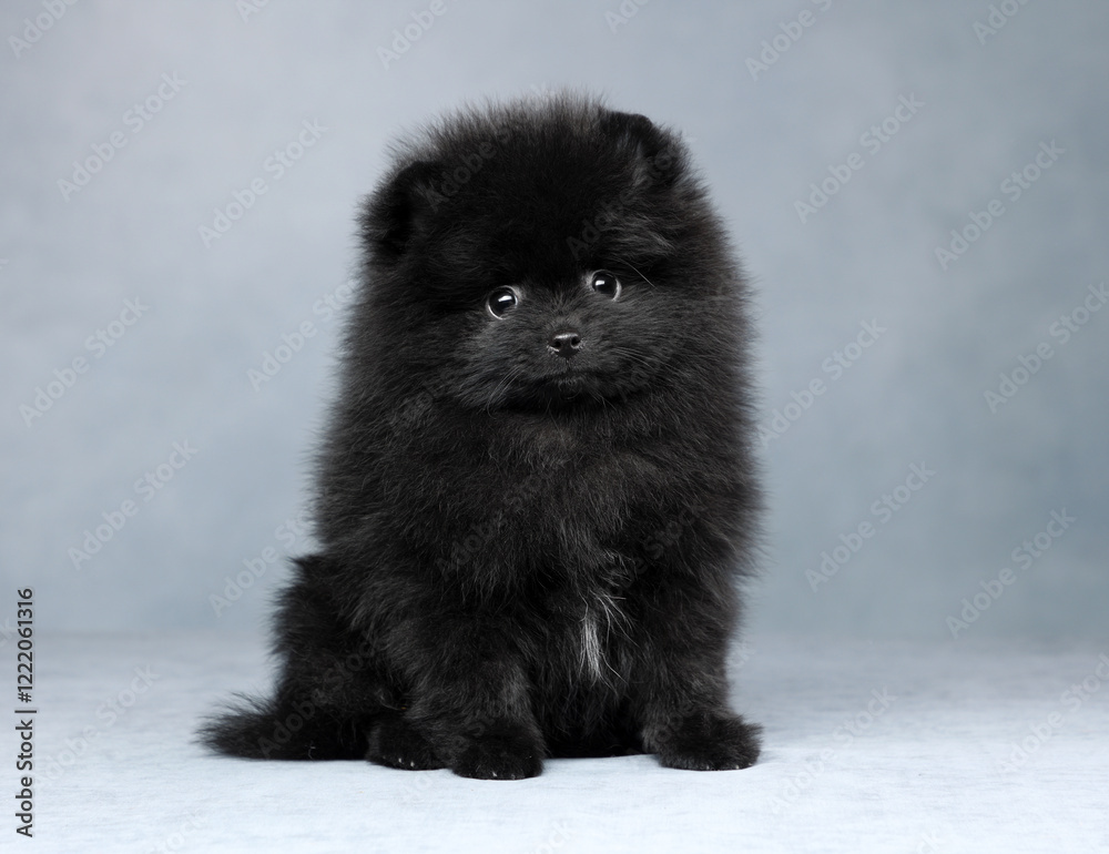 Obraz premium Cute Fluffy Pomeranian Puppy. Black Puppy