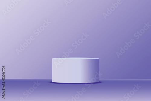 Purple 3D podium with cylindrical shape on a light surface, illuminated by soft light. Display, mockup or product display in an elegant and modern design