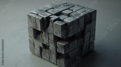 A cube of shifting dimensions, alternating between solid and fragmented states