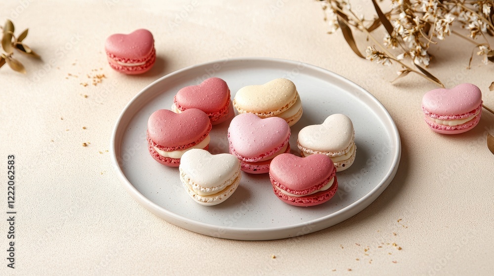 Heart-Shaped Pink and Cream Macarons Artfully Arranged on a Plate with Soft Floral Accents Heart-Shaped Pink and Cream Macarons Artfully Arranged on a Plate with Soft Floral Accents