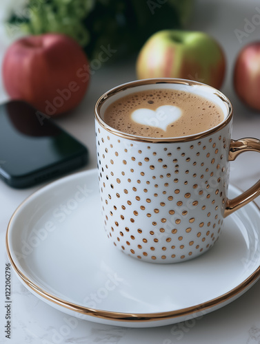 Morning Coffee Ritual: A heart-shaped latte art graces the top of a creamy coffee, served in an elegant gold-dotted mug, accompanied by fresh apples and a smartphone. photo