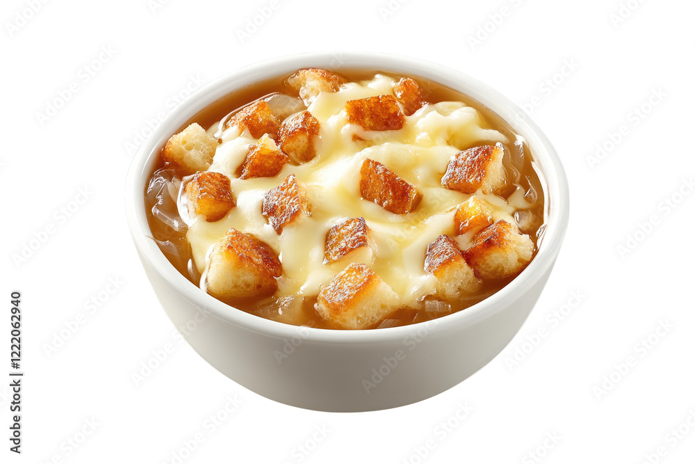 Onion soup with melted cheese and croutons isolated on white or transparent, PNG