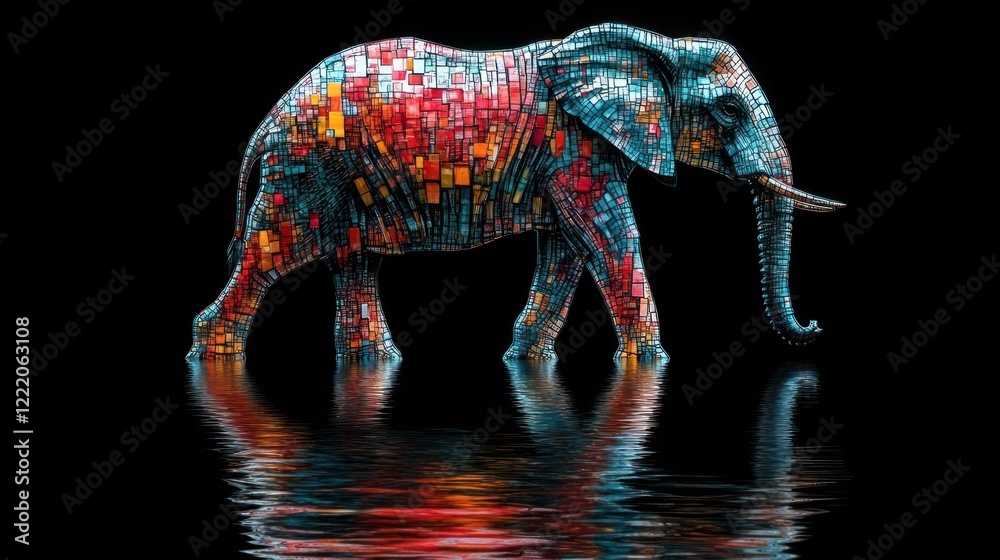 Obraz premium Colorful mosaic elephant walking in water, reflected on black background.