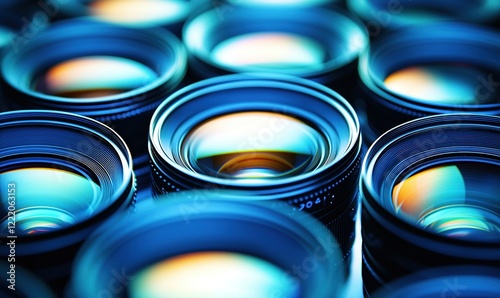 Close-up camera lenses, blue light, photography equipment background, for tech or media