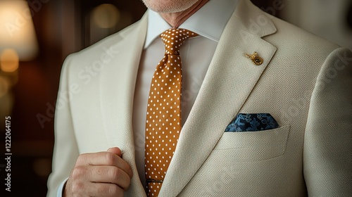 Elegant Beige Suit with Orange Polka Dot Tie and Blue Pocket Square