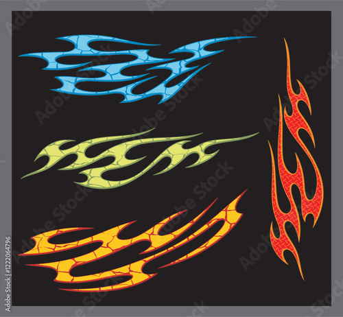 Vector colorful textured flames for vehicle vinyl decals and wraps. Ready-to-cut graphics for racing cars, off-road and sport vehicles, hot rod automobiles, ATVs, trucks, motors, bikes, T-shirts.
