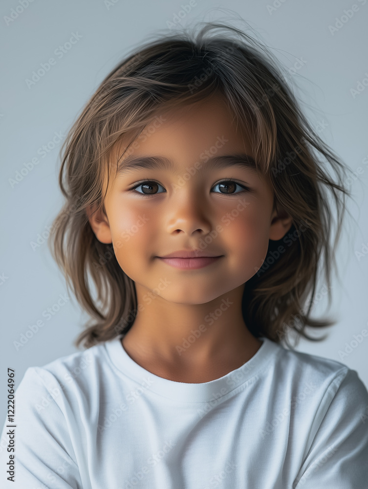 Sweet Child Portrait: A charming portrait of a young child with long, wavy brown hair and expressive dark eyes, offering a captivating and innocent gaze. 