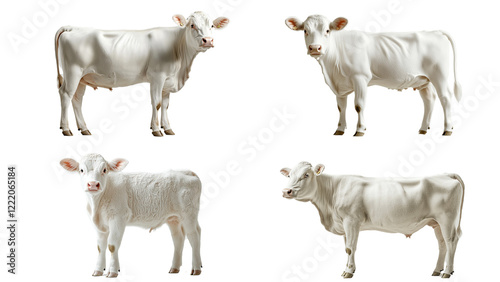 White Cattle Family: A quartet of white cattle, including an adult cow and a calf, stand proudly in various poses. They showcase their unique white coat and gentle nature.