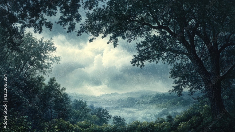 Gentle rain clouds drifting over a quiet forest, soft mist settling between the trees Gentle rain clouds drifting over a quiet forest, soft mist settling between the trees