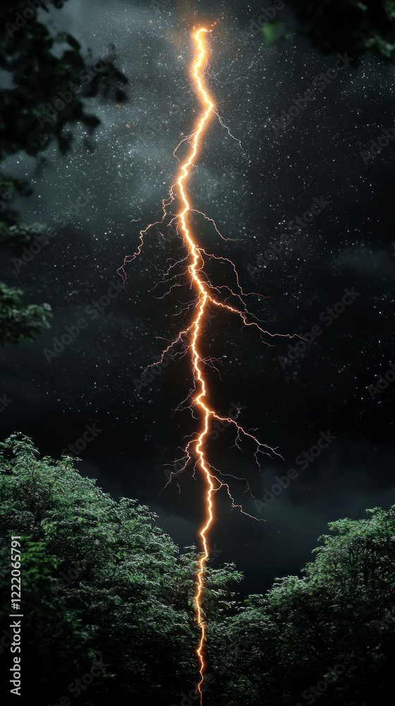Fototapeta premium Dramatic Night Sky Lightning Strike Over Trees