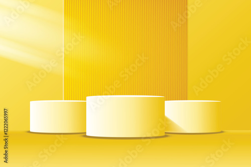 3D yellow round podium background. Minimalist pedestal mockup. Abstract stand product display presentation, Stage for showcase. Vector platform design.