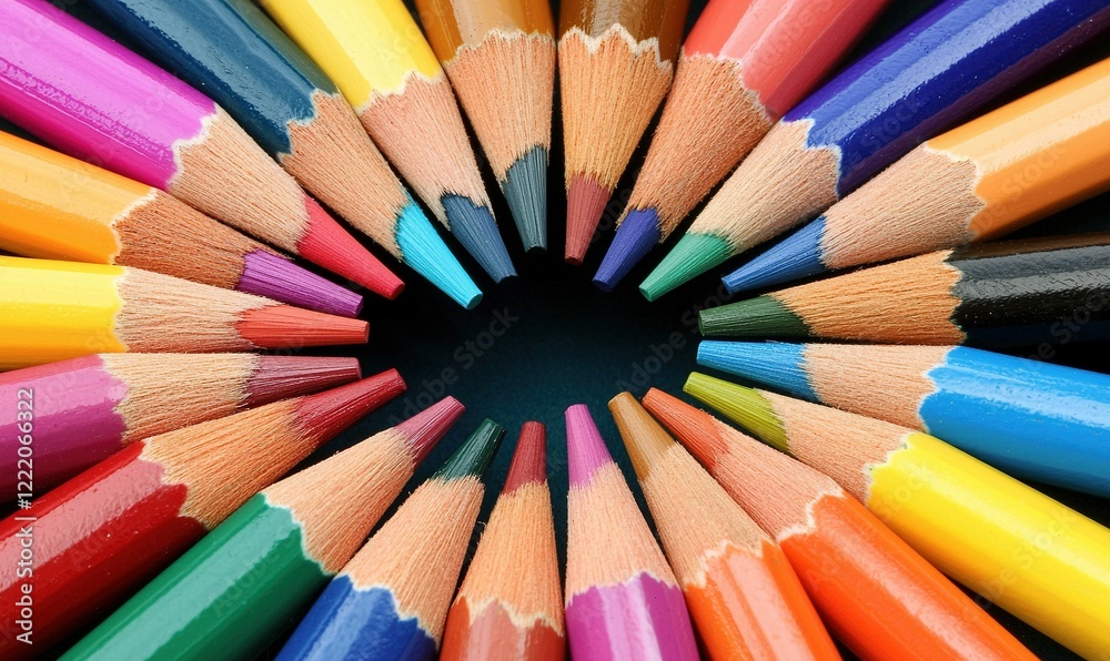 Colorful pencils arranged in a circle on dark background, ideal for creative projects