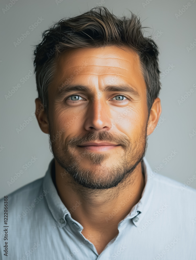 Obraz premium Confident Gaze: Portrait of a handsome man with captivating blue eyes and a neatly trimmed beard, exuding confidence and charisma in a close-up shot. 