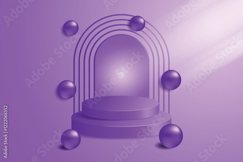 Realistic purple color 3D tiered cylindrical podium background with ball ornament, window view purple background. Minimalist pedestal mockup, Abstract product display presentation, Showcase stage.