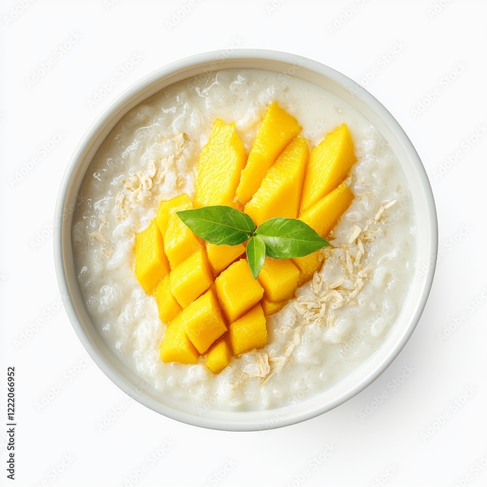 A bowl of creamy coconut milk rice pudding with mango slices, isolated white background, surreal art style A bowl of creamy coconut milk rice pudding with mango slices, isolated white background, surreal art style