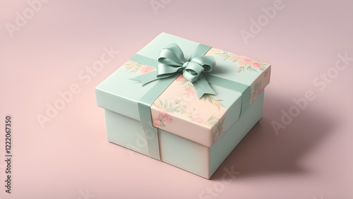 Square gift box with pastel floral design and light green ribbon, isolated on a pink background.
