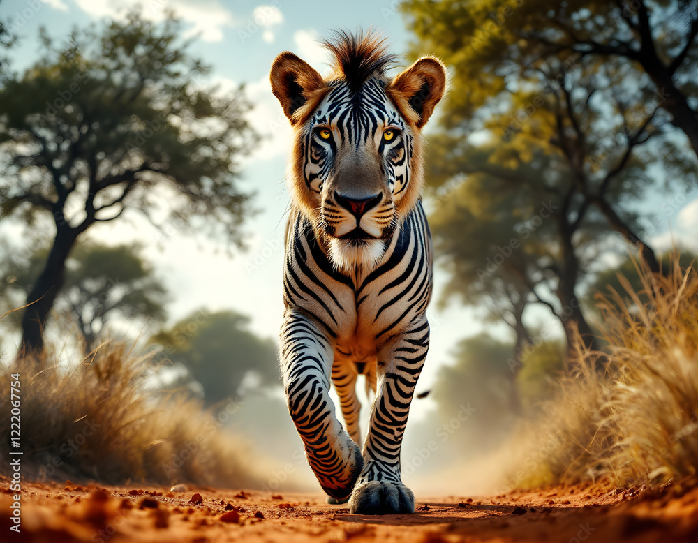 Fototapeta premium Majestic Zebra-Striped Lion Prowling African Savanna